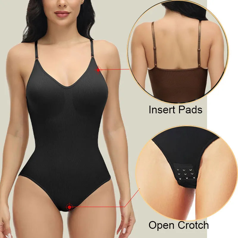 Junaizo V Neck Spaghetti Strap Bodysuits Compression Body Suits Open Crotch Shapewear Slimming Body Shaper Smooth Out Bodysuit Seamless Sleeveless