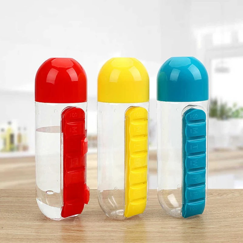 600ml  2 in 1Water Cup 7Grids Medicine Box Plastic Portable Water Bottle Pill Boxes Organizer Drinking Bottles for Outdoors