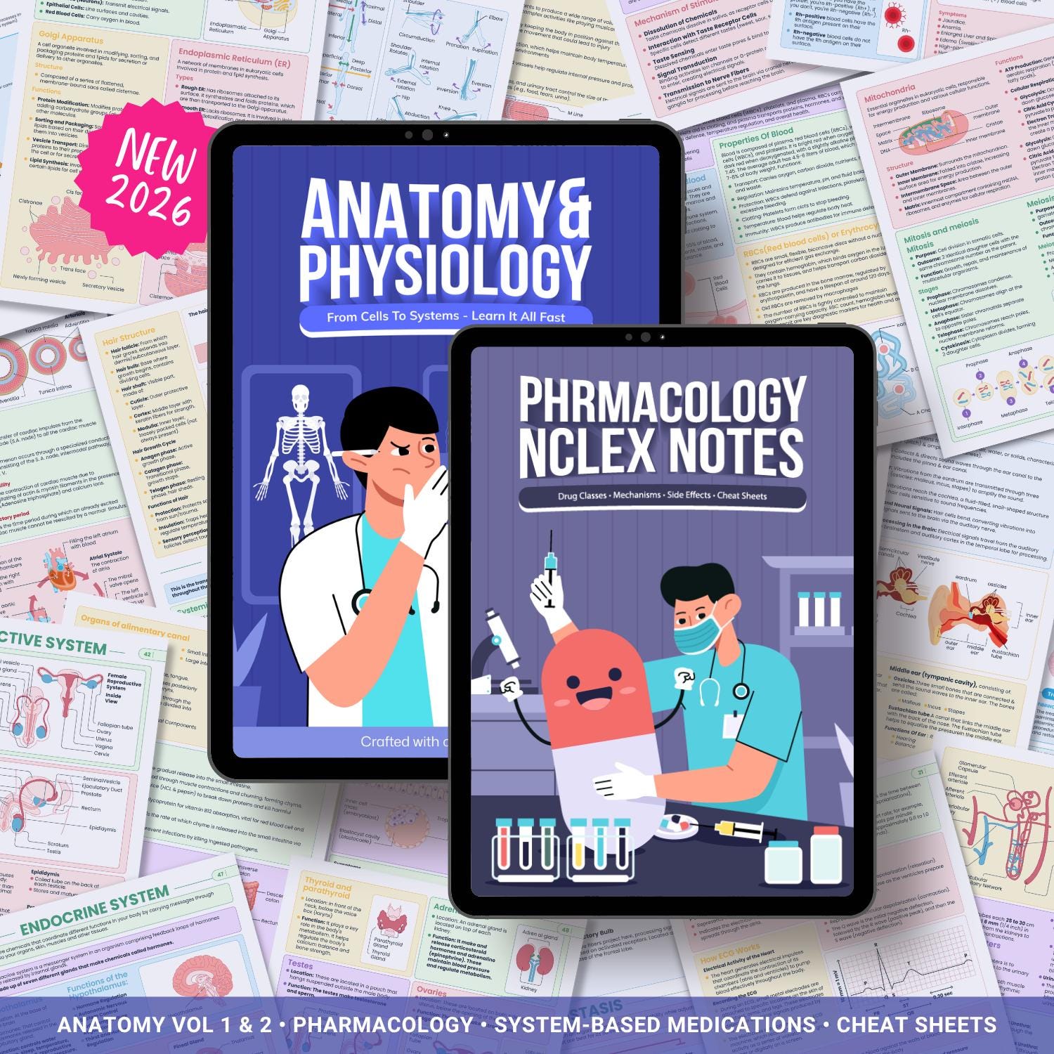 Human Anatomy and Physiology Vol 1 & 2 | Complete Pharmacology | Coloring Book, Cheat Sheets, Nursing School